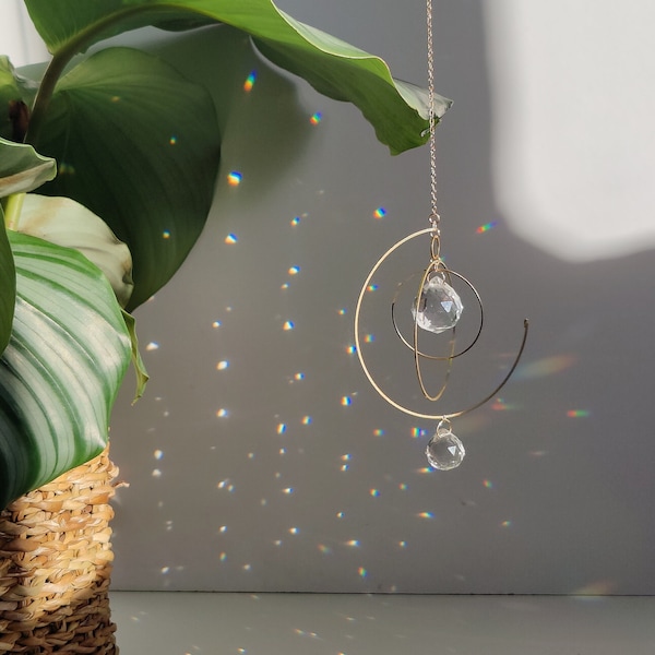 Suncatcher OMEGA • Celestial Boho Home Decor with delicate light plays • Rainbow Crystal Suncatcher and Brass mobile, Handmade in France