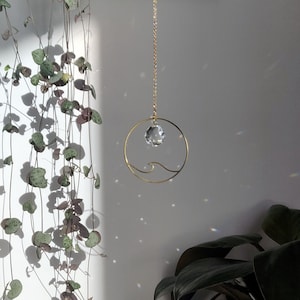 Mini Crystal Suncatcher WAVE • Cute rear view mirror or home decor accessory made of Brass charms & Crystal Prisms, Handmade in France