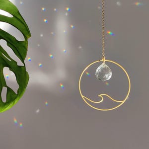 Mini Crystal Suncatcher WAVE • Cute rear view mirror or home decor accessory made of Brass charms & Crystal Prisms, Handmade in France