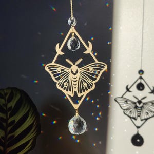 Crystal suncatcher MIDNIGHT : Mystical moth and moon phase decor | Celestial wood and crystal witchy hanging, handmade in France