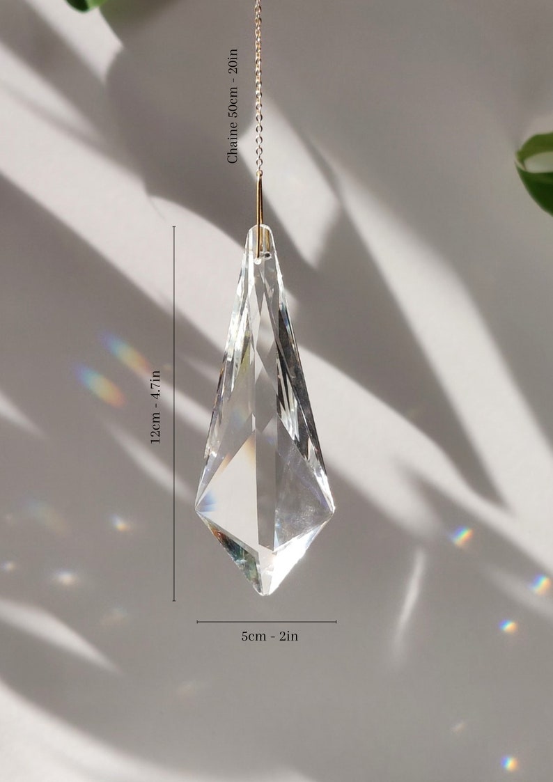 Suncatcher CRISTAL Magical home decor Big crystal prism on a elegant brass chain Minimalist sun catcher with an intense effect image 4
