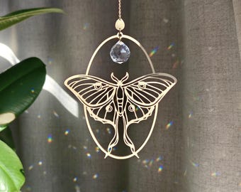 LUNA MOTH • Wood & Crystal Suncatcher • Window hanging decoration • Witchy gift • Celestial moth rainbow prism