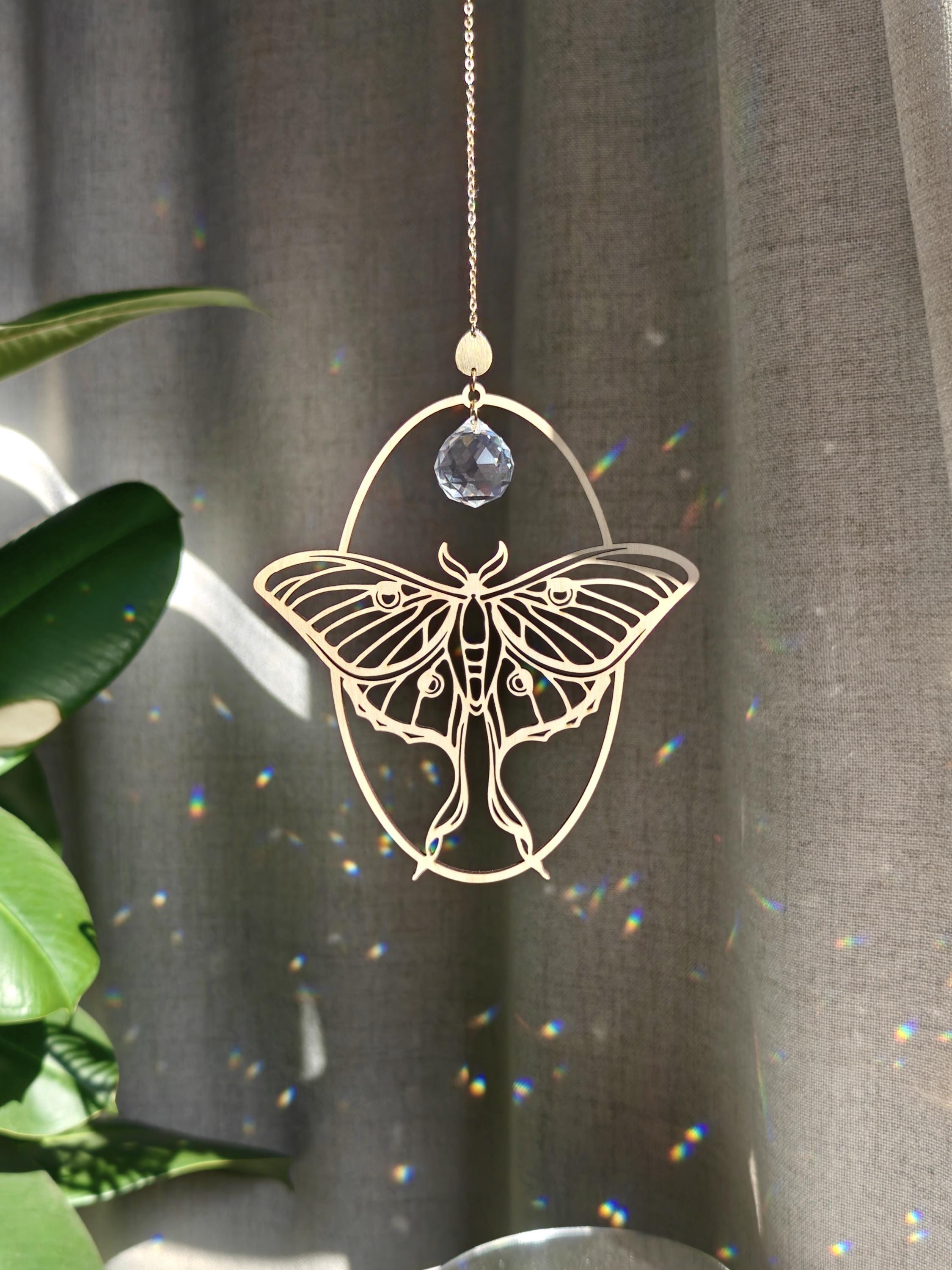LUNA MOTH * Wood & Crystal Suncatcher * Window hanging decoration * Witchy gift * Celestial moth rainbow prism