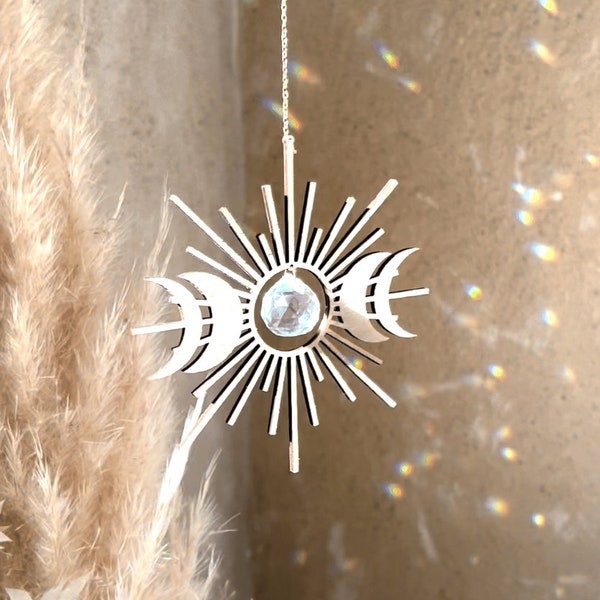 Suncatcher CELESTE • Celestial Home Decor • Décoration d'intérieur Boho Lune et Soleil en bois & cristal de verre, fait main en France