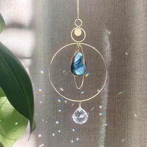 Crystal Suncatcher NOVA: Flash Labradorite light catcher | Boho home decor | Brass & crystal window hanging | Unique Gift for Crystal Lovers