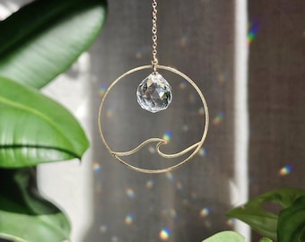 Mini Crystal Suncatcher WAVE : Minimalist ocean themed rainbow maker | Water hanging decoration | Light catcher window ornament | Small gift