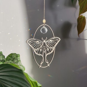 Suncatcher LUNA MOTH • Unique window hanging decoration & gift for her • Crystal sun catcher prism with wooden butterfly, handmade in France