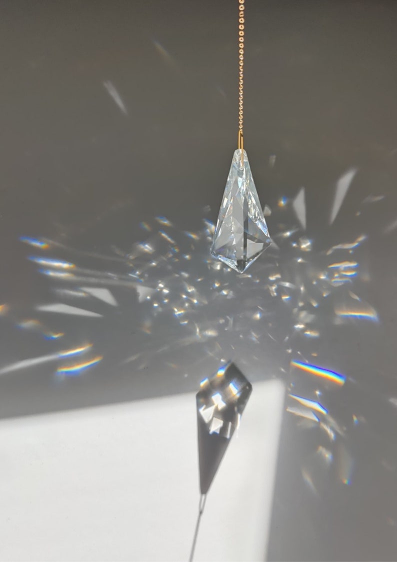 Suncatcher CRISTAL Magical home decor Big crystal prism on a elegant brass chain Minimalist sun catcher with an intense effect image 3