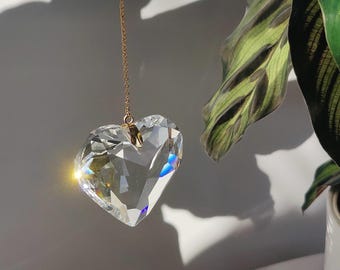 Heart Crystal Suncatcher : Minimalist Feng Shui light catcher | Elegant rainbow crystal window hanging | Valentines day gift for her