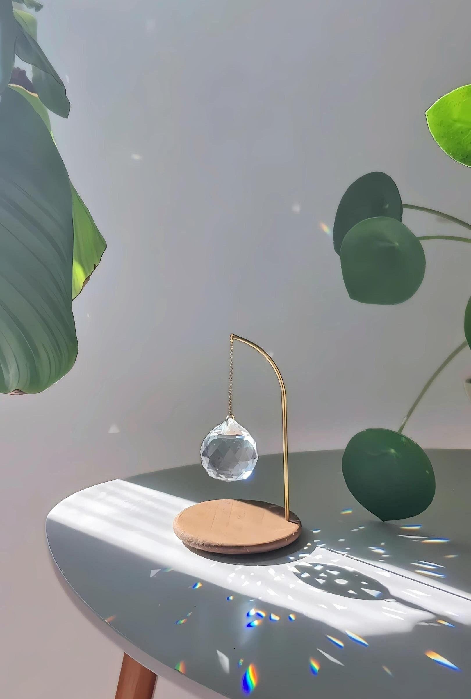 PENDULUM • Tabletop Suncatcher • Crystal Rainbow Maker • Brass and Pine Wood • Handmade in France • Feng Shui Boho Meditation Gift