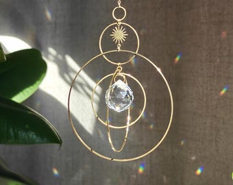 Crystal Suncatcher COSMIC: Boho brass rainbow maker | Celestial window hanging | New home gift idea to invite light, handmade in France