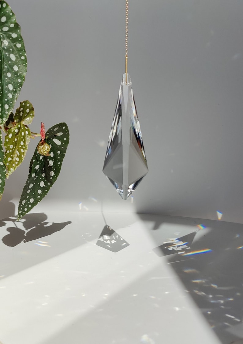 Suncatcher CRISTAL Magical home decor Big crystal prism on a elegant brass chain Minimalist sun catcher with an intense effect image 1