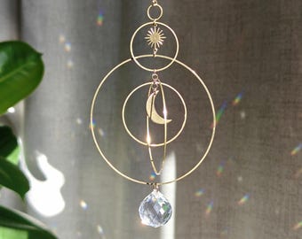 Suncatcher SERENA XL : Celestial window hanging handmade with brass and crystal prisms | Boho Sun & Moon Home Decor | Witchy home gift