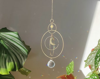 Suncatcher SERENA XL • Celestial Boho Home Decor with delicate light plays • Rainbow Crystal Suncatcher and Brass mobile, Handmade in France