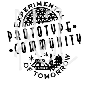 May include: Black and white graphic design with the text "Experimental Prototype Community of Tomorrow." The design features a stylized dome with a grid pattern and a small illustration of trees and stars.