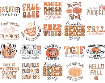 Retro Fall Sublimation Prints, Ready to Press Transfers Bundle, Autumn Quotes for Shirts Mugs and Tumblers