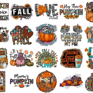 May include: A collection of 20 digital designs featuring fall-themed illustrations with pumpkins, leaves, and text. The designs include phrases like "Pumpkin Spice Junkie", "It's Fall y'all!" and "Hey There Pumpkin".