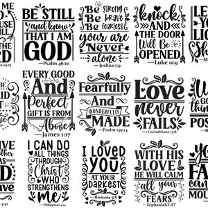 May include: A black and white graphic design with 12 inspirational quotes from the Bible. Each quote is framed with decorative elements and includes the book and verse number.