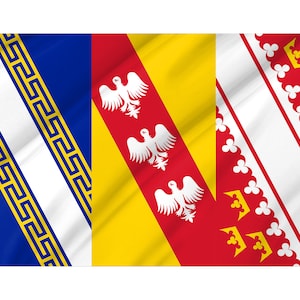 May include: A flag with a blue, white, yellow, and red design. The flag features a white band with a gold Greek key pattern, a yellow band with three white eagles, and a red band with a white band and a pattern of gold crowns.