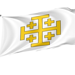 Könnte beinhalten: Eine weiße Flagge mit einem gelben Kreuz pattée, einem Symbol der Kreuzzüge, die im Wind weht.