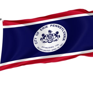 Erie, Pennsylvania Flag, Unique Design Print, Double Seams, Bright Colours, Reinforced Fabric, Size 3x5Ft / 90x150cm, Garden flag