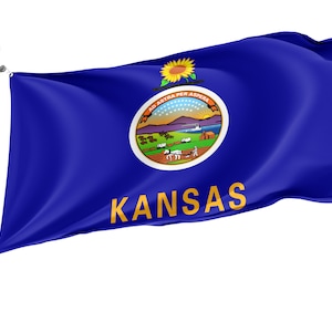 Bandera del Estado de Kansas, Banderas patrióticas, Impresión de diseño único, Bandera de los Estados Unidos, Bandera de doble costura, Tamaño - 3x5 pies / 90x150 cm, Hecho en la UE