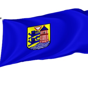 Puede incluir: Una bandera azul con un escudo de armas amarillo y rojo que presenta una torre y tres leones. La bandera ondea al viento.