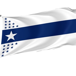 Op de afbeelding: Een witte vlag met een blauwe horizontale streep in het midden. Een grote witte ster is gecentreerd aan de linkerkant, met twee rijen blauwe sterren erboven en eronder. De vlag wappert aan een zilveren paal.