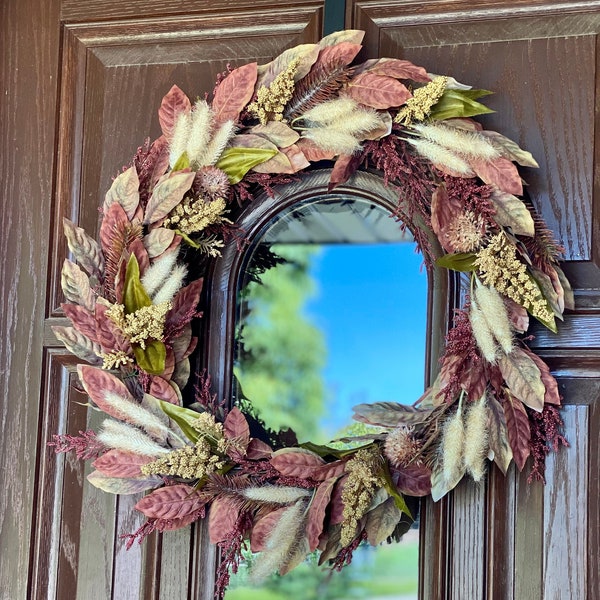 Autumn Leaf Berry Wreath, Fall,Front Door Wreath, Pine, Bunny Tails, Gold Heather, Burgundy, Green