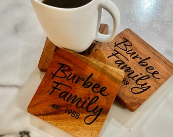 Personalized Family Name Wooden Coasters – Engraved Wedding Gift