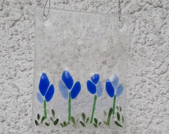 Blaue Blumen, Glasfusing, Sonnenfänger, Suncatcher, Geschenk