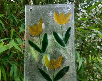 Gelber Tulpen, 21,5 x 13,5cm, Glasfusing, Sonnenfänger, Suncatcher, Geschenk