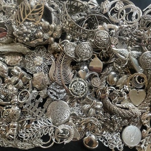 ALL SILVER vintage costume jewelry for crafting repair or wear chains bracelets brooches earrings rings broken jewelry making findings lot