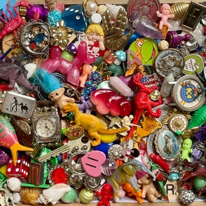 Salvaged Junk Drawer Lot: Vintage Beads, Charms, Toys, Trinkets, Buttons, Game PIeces, Keys, Miniatures
