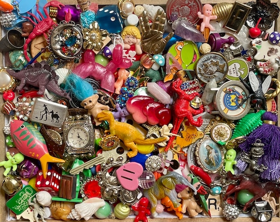 Salvaged Junk Drawer Lot: Vintage Beads, Charms, Toys, Trinkets