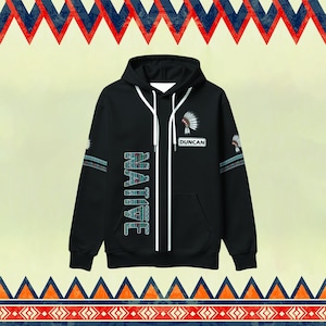 May include: Black zippered hoodie with a white zipper and white trim. The hoodie has a Native American headdress graphic on the right side with the text "NATIVE" on the left side and "DUNCAN" below the headdress.