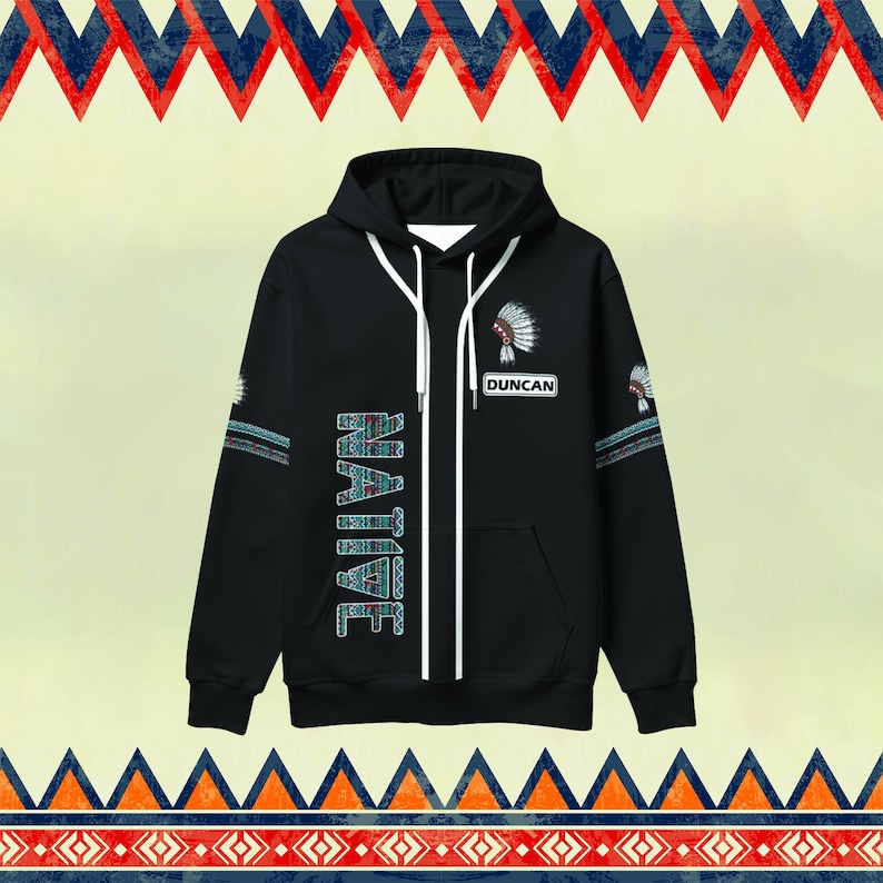 May include: Black zippered hoodie with a white zipper and white trim. The hoodie has a Native American headdress graphic on the right side with the text "NATIVE" on the left side and "DUNCAN" below the headdress.