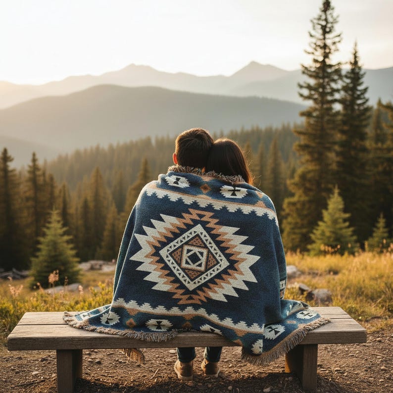 Op de afbeelding: Een geweven plaid met een groot centraal ruitpatroon in marineblauw, cr&egrave;me en beige tinten. De deken heeft een gefranjerde rand en toont een geometrisch ontwerp met herhalende driehoekige motieven over het oppervlak van de stof.