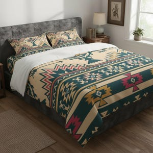May include: A bedding set featuring a duvet cover and two matching pillowcases with a geometric pattern in teal, cream, mustard yellow, and magenta. The design consists of repeating angular shapes, zigzags, and arrow motifs across the fabric.