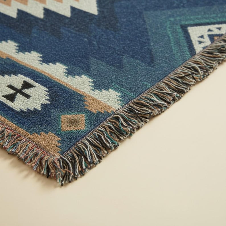 Op de afbeelding: Een geweven plaid met een diepblauwe basis en geometrische patronen in wit, beige en groenblauw. De deken heeft een getextureerd oppervlak en is afgewerkt met decoratieve franjes langs de randen, met een herhalend ruitpatroon.