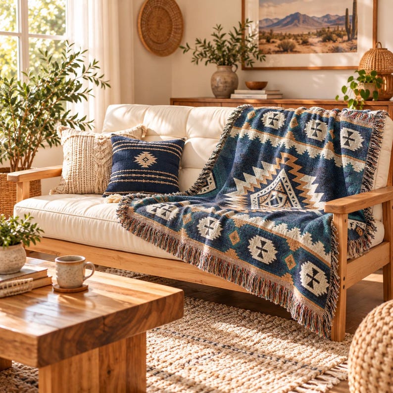Op de afbeelding: Een geweven plaid met een geometrisch patroon in marineblauw, cr&egrave;me en beige, afgewerkt met een franjerand. De plaid is gedrapeerd over een cr&egrave;mekleurige bank, waar ook een marineblauw sierkussen met wit borduurwerk op ligt.