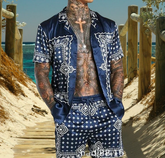mens two piece floral short set