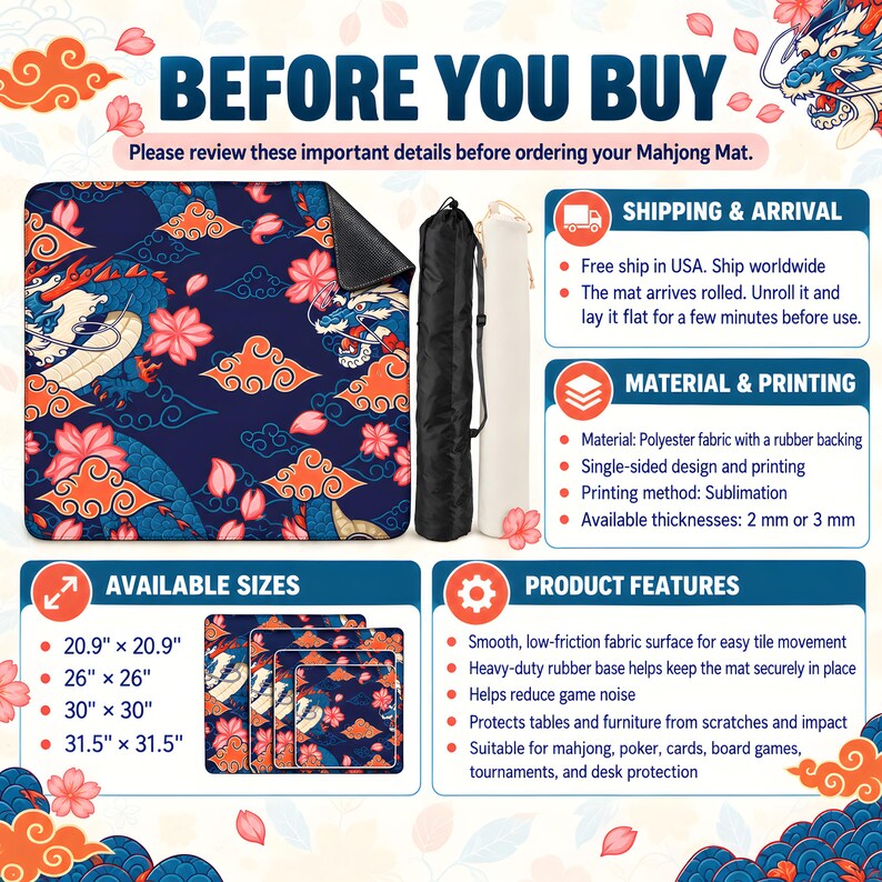 Blue Dragon and Cherry Blossom Mahjong Table Mat, Card Game Mat With ...