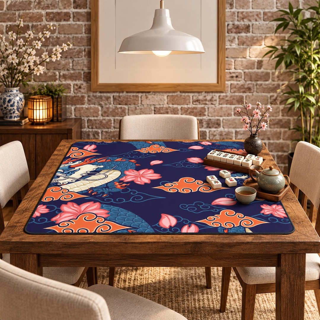 Blue Dragon and Cherry Blossom Mahjong Table Mat, Card Game Mat With ...