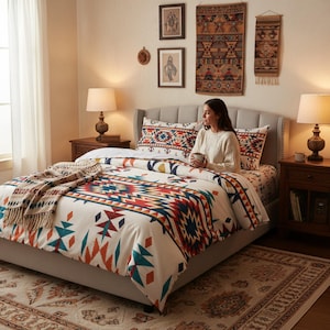 Op de afbeelding: Een bed met een wit dekbedovertrek en bijpassende kussenslopen met een geometrisch patroon in rood, oranje, marineblauw en groenblauw. Een crèmekleurige gebreide plaid met franjes ligt aan het voeteneinde van het bed tegen een lichtgrijs hoofdbord.