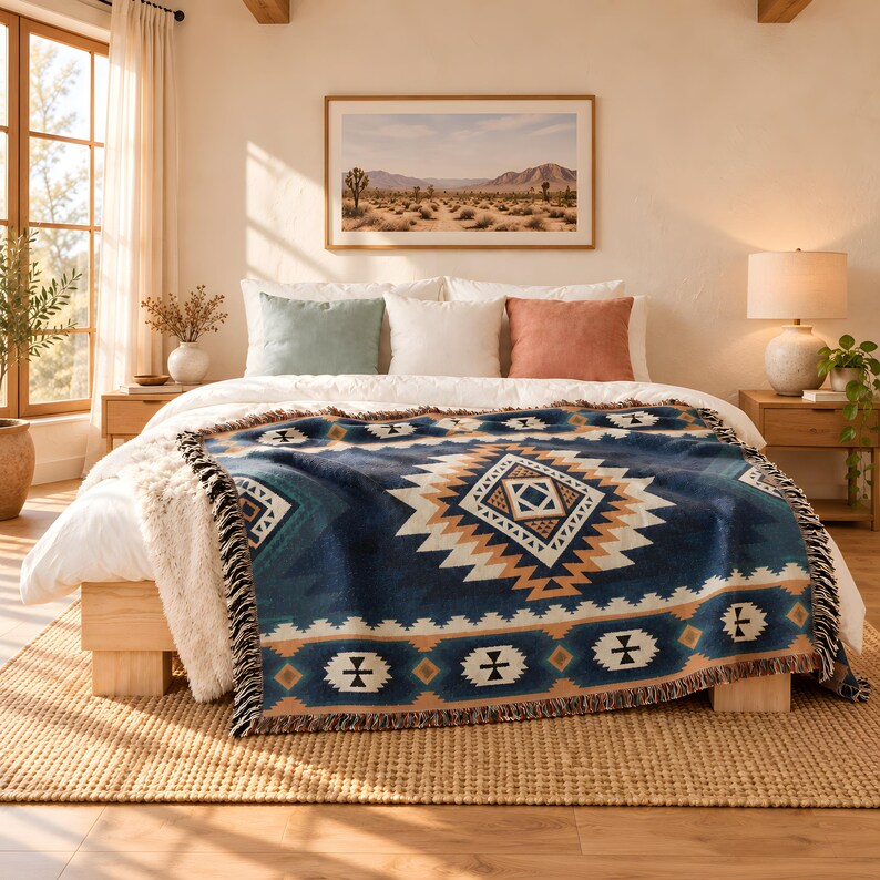 Op de afbeelding: Een geweven plaid met een donkerblauwe basis en een groot centraal geometrisch ruitpatroon in wit, bruin en groenblauw. De deken is afgewerkt met franjes en bevat herhalende hoekige motieven en kruisvormen langs de randen.
