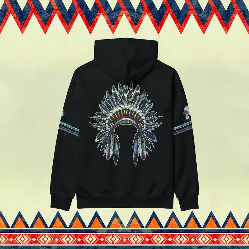 May include: Black hooded sweatshirt with a graphic print of a Native American headdress with feathers in shades of gray, purple, and white.