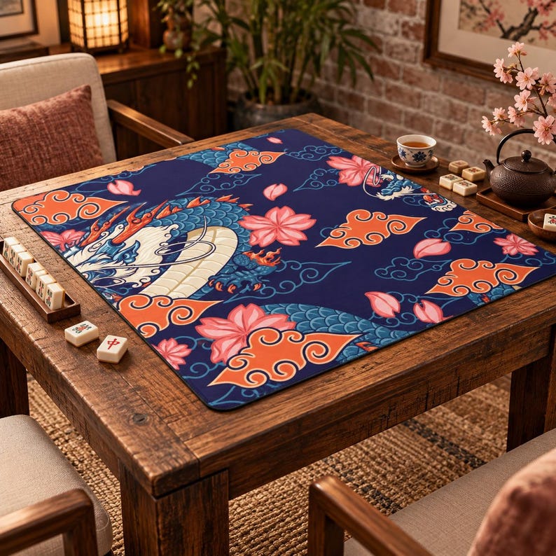 Blue Dragon and Cherry Blossom Mahjong Table Mat, Card Game Mat With ...