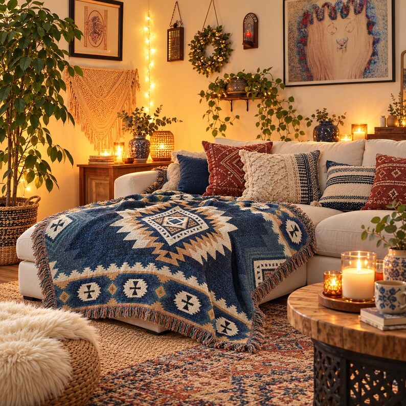 Op de afbeelding: Een geweven plaid met een geometrisch patroon in blauw, cr&egrave;me en beige, gedrapeerd over een cr&egrave;mekleurige bank. De deken is voorzien van een franjerand en wordt geaccentueerd door diverse sierkussens in blauwe, rode en cr&egrave;metinten.