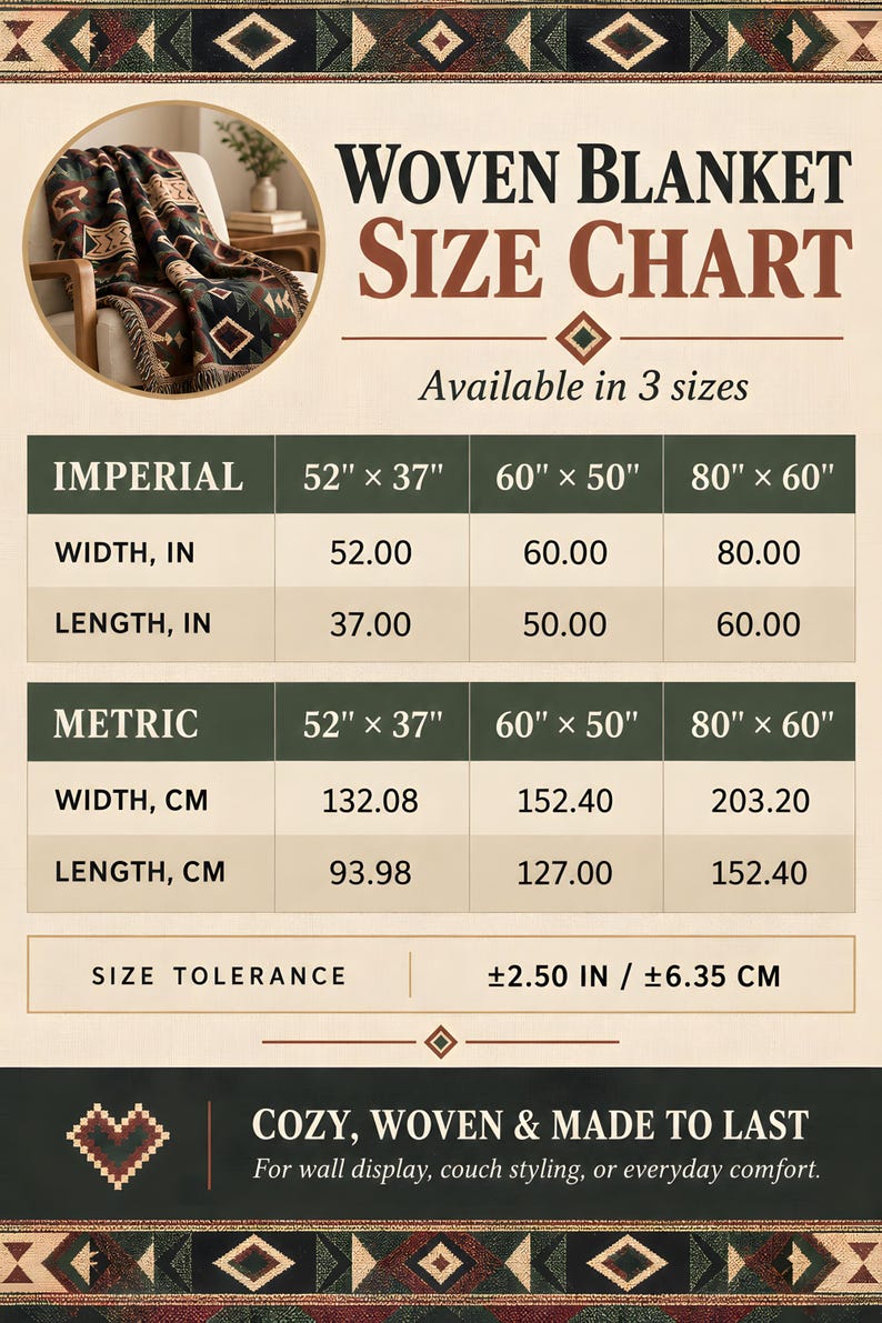Op de afbeelding: Een maattabel voor een geweven deken met een cirkelvormige afbeelding van een plaid met patroon. De tabel toont drie maten in imperiale en metrische eenheden: 52 bij 37 inch, 60 bij 50 inch en 80 bij 60 inch, met een maattolerantie van 6,35 cm.
